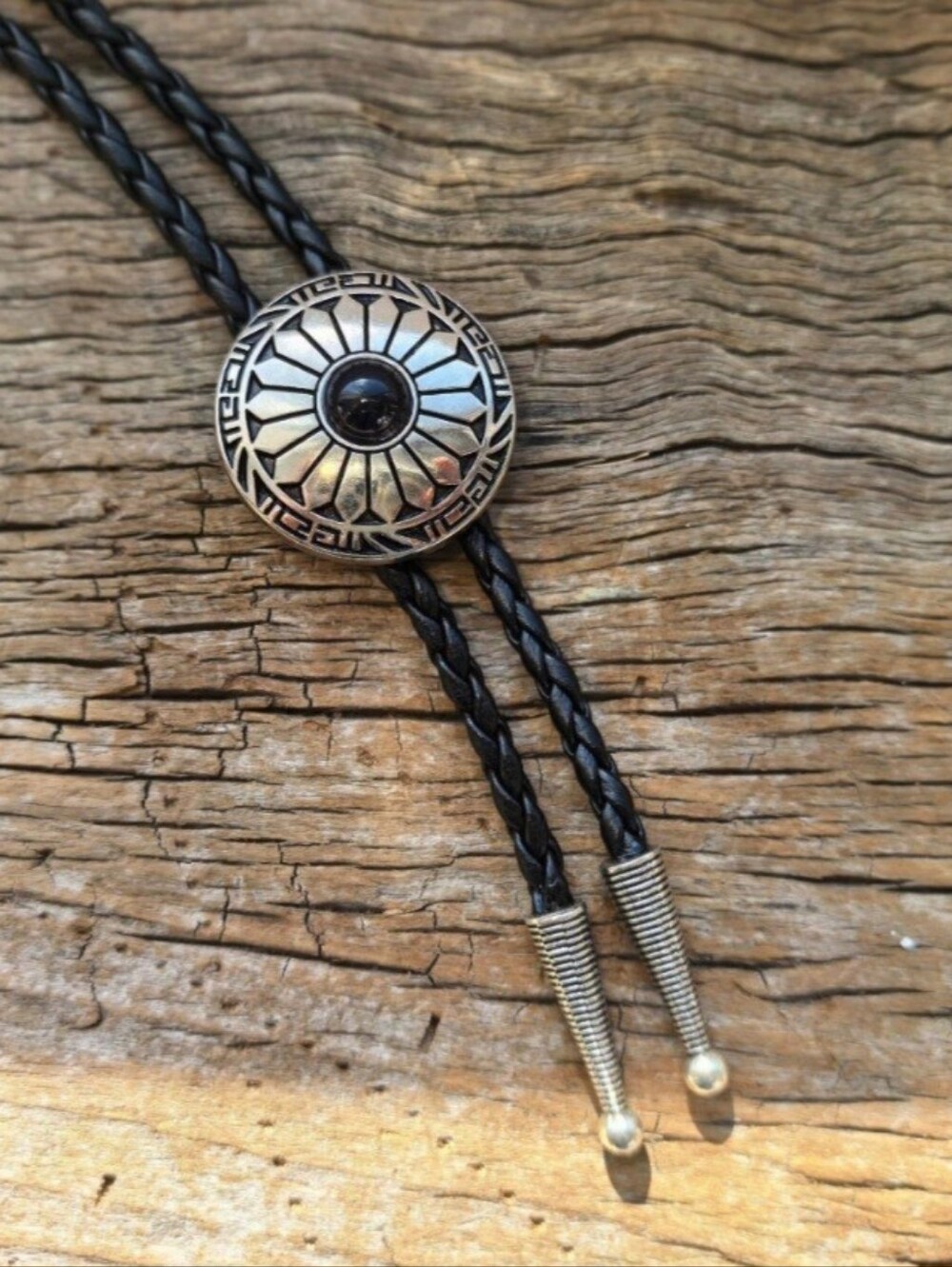 New western Black and silver Round bolo tie